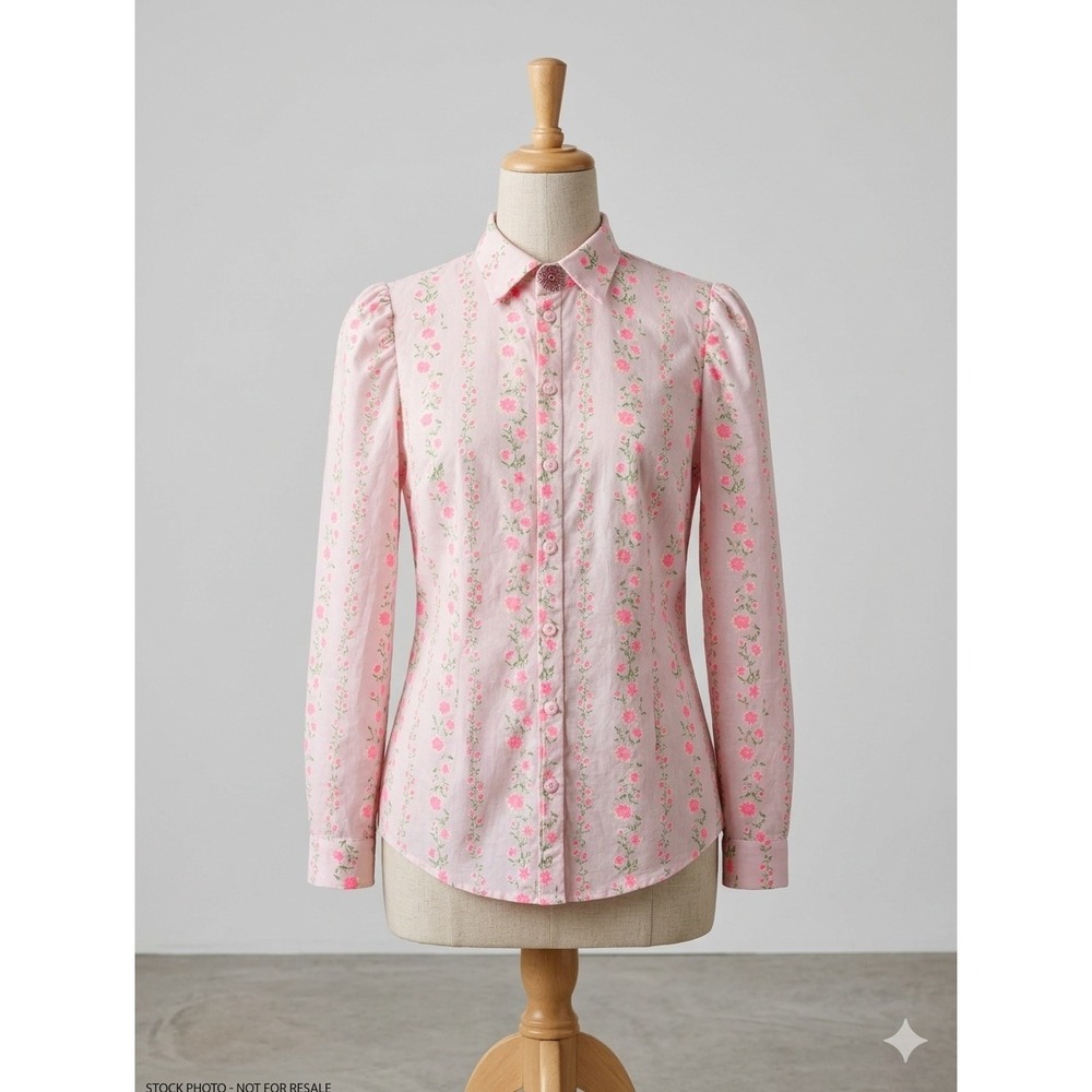Vintage 70s Pink Floral Button -up Shirt Long Sleeve Puff Cottagecore Dainty